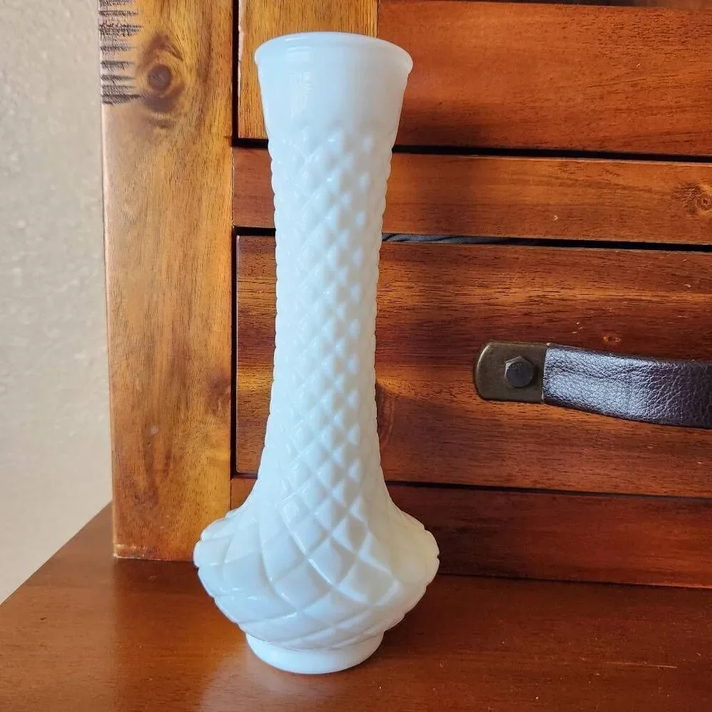 Milk glass etched flower vase Victorian vintage